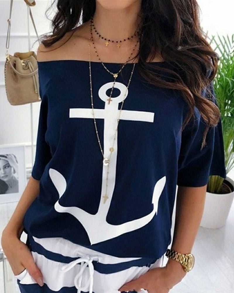 Anchor Print Half Sleeve Off Shoulder T-Shirt-Pinkami