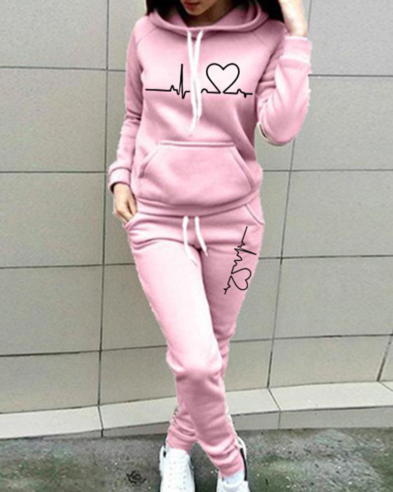 Heart & ECG Print Hooded Top & Pants Set-Pinkami