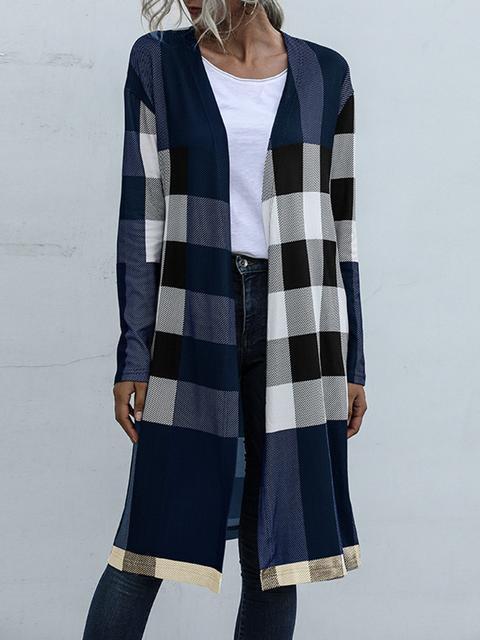 Plaid Print Long Cardigan Coat-Pinkami