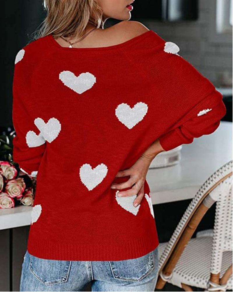 Heart Print Rib Knit Raglan Sleeve Sweater-Pinkami