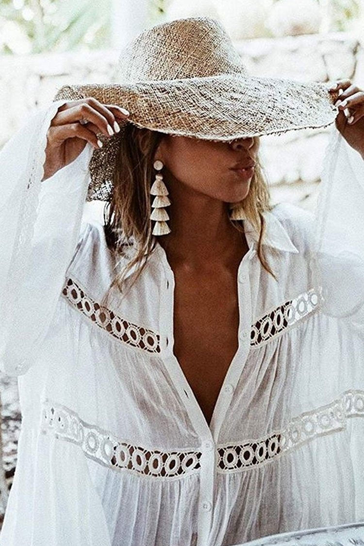 Leisure Flare Sleeve Crochet Openwork Trim Cover Up Blouse-Pinkami