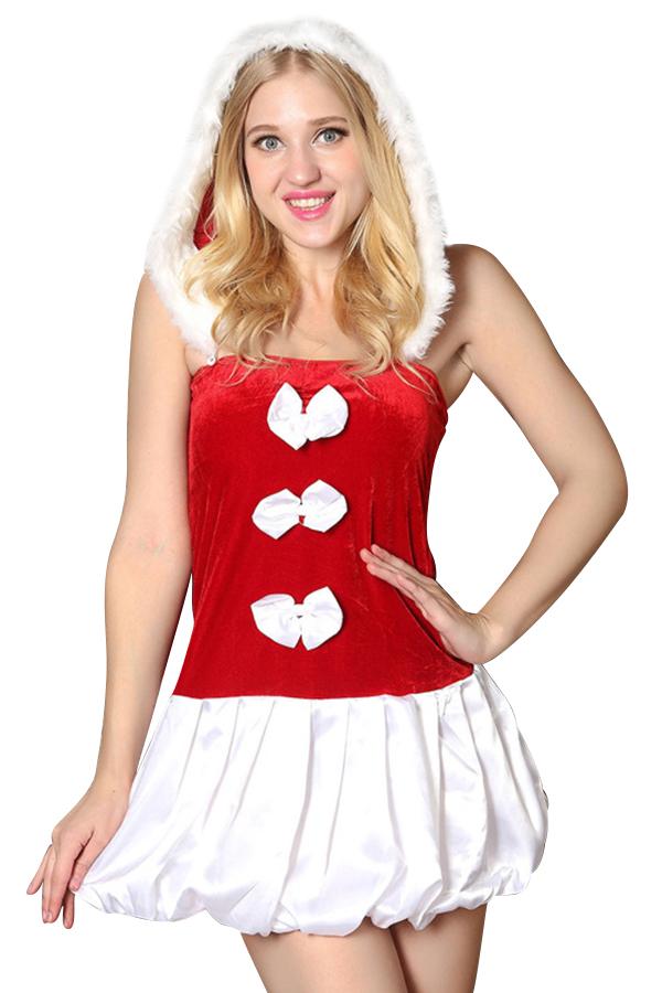 Womens Adult Sleeveless Hooded Bowknot Christmas Santa Costume Red-Pinkami