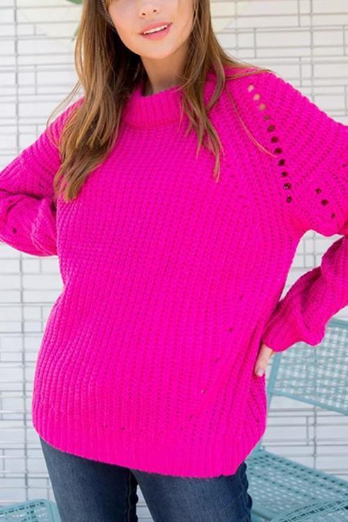 Round Neck Pullover Openwork Sweater-Pinkami