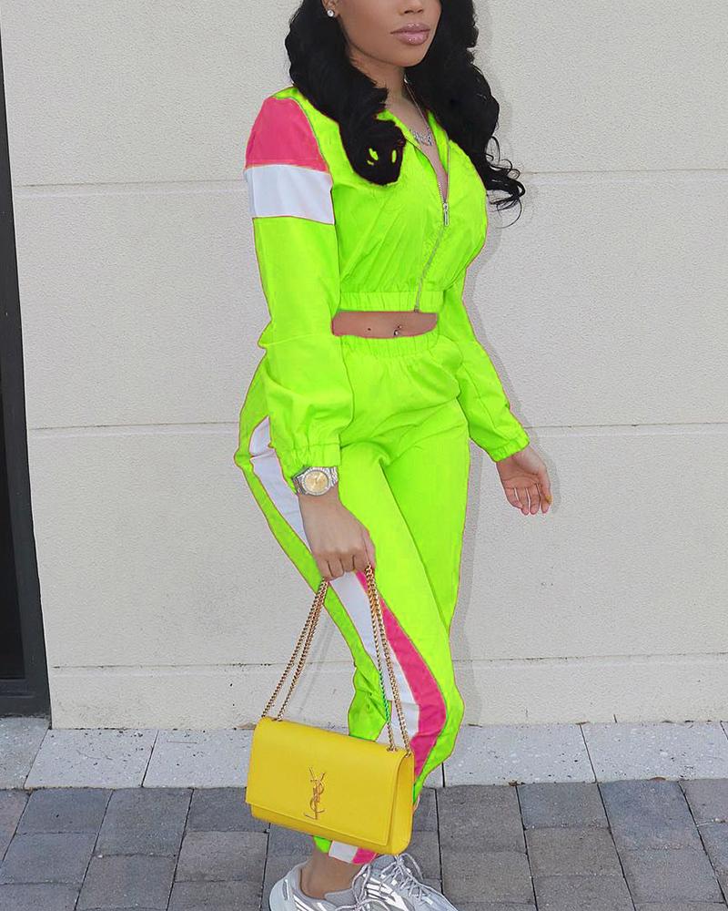 Colorblock Pocket Detail Zip Front Top & Pants Set-Pinkami