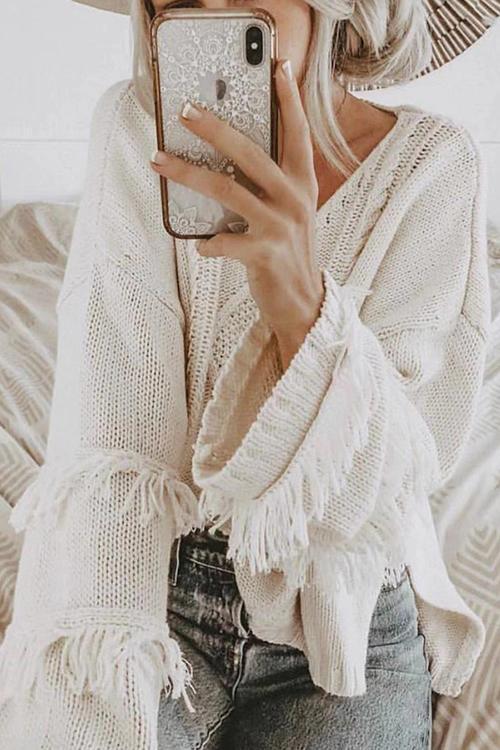 Fringed Solid Color Fashion Sweater-Pinkami