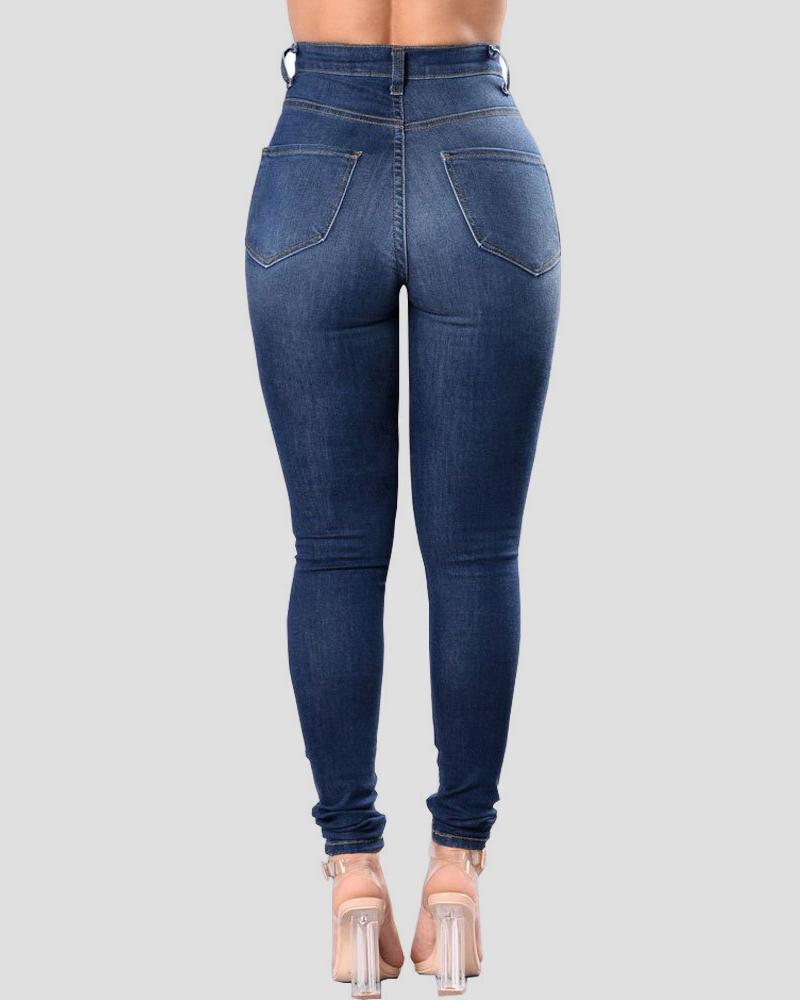 Women High Waist Ripped Hollow Out Skinny Jeans-Pinkami