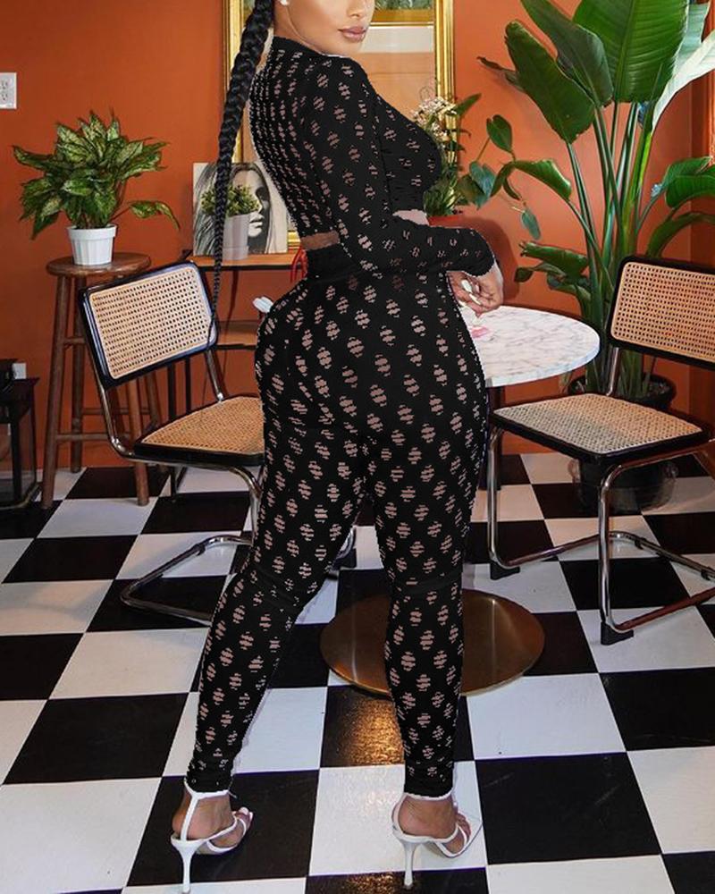 Hollow Out Long Sleeve Mock Neck Top & Pants Set-Pinkami