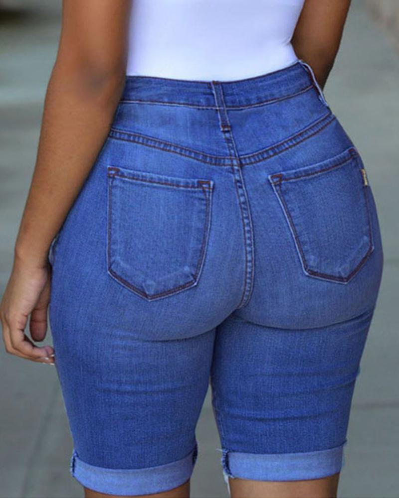 Women Extreme Distressed Roll Up Hem Denim Shorts-Pinkami