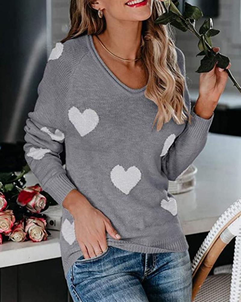 Heart Print Rib Knit Raglan Sleeve Sweater-Pinkami