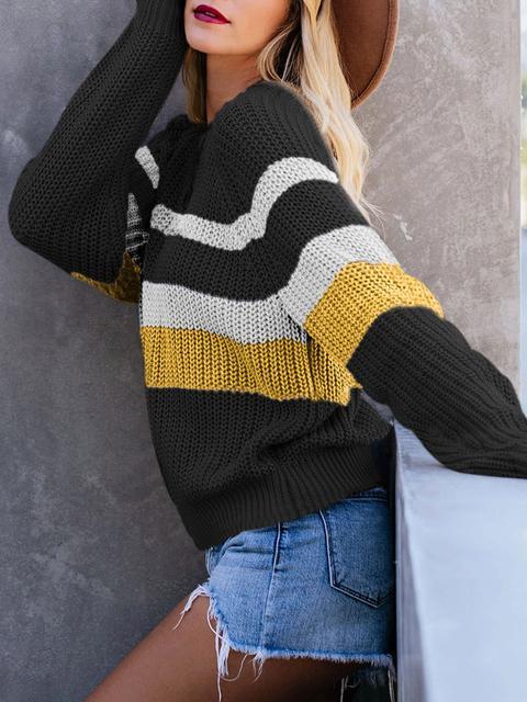 Striped Round Neck Pullover Sweater-Pinkami