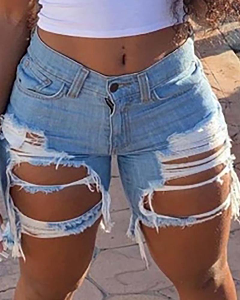 Women Ripped Hollow Out Denim Shorts-Pinkami