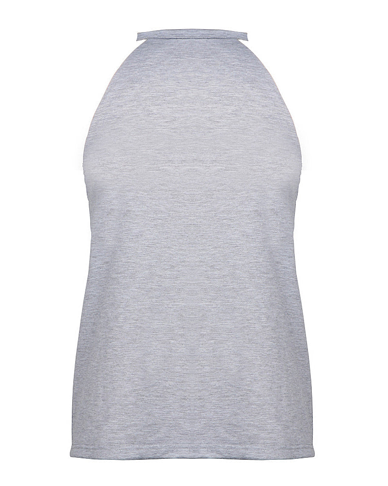 Solid Ripped Detail Halter T-Shirt-Pinkami