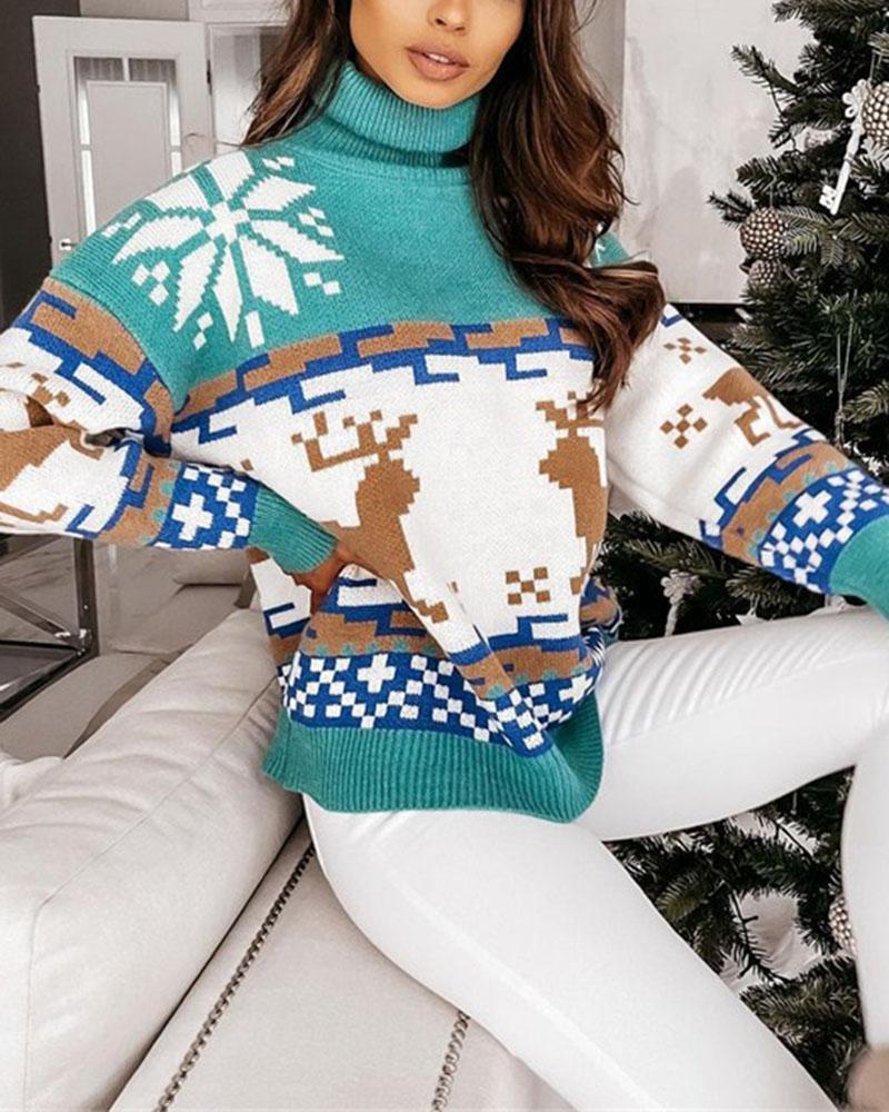 Colorblock Christmas Print Turtleneck Sweater-Pinkami