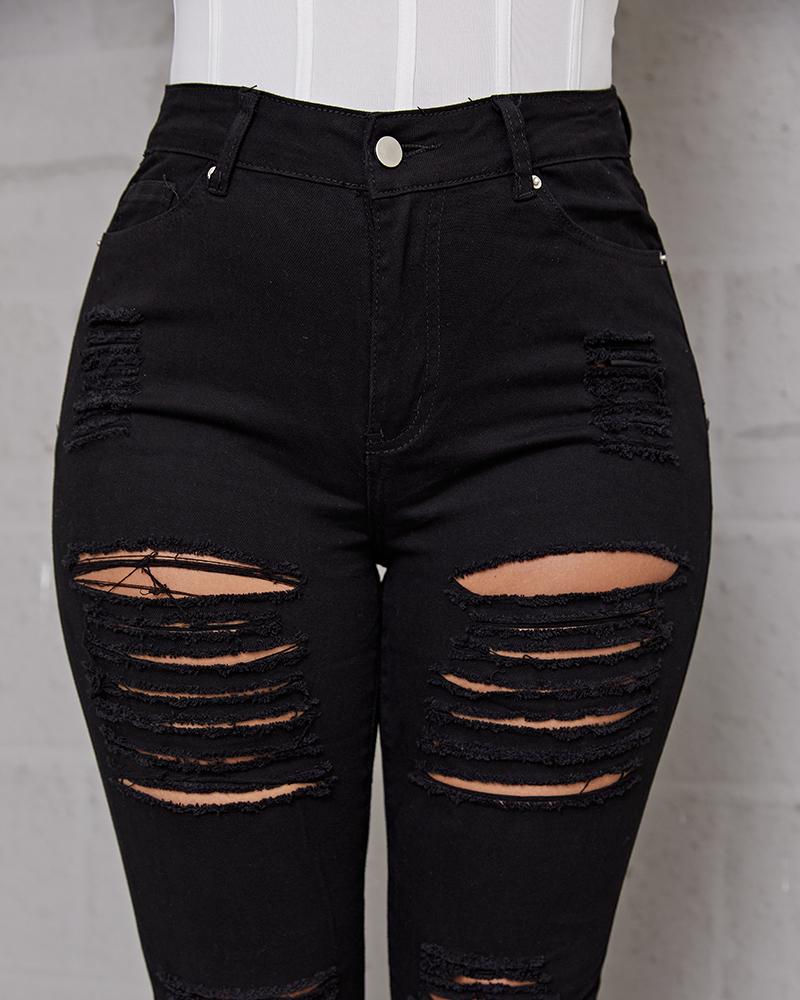 Women Hollow Out Distressed Skinny Jeans-Pinkami