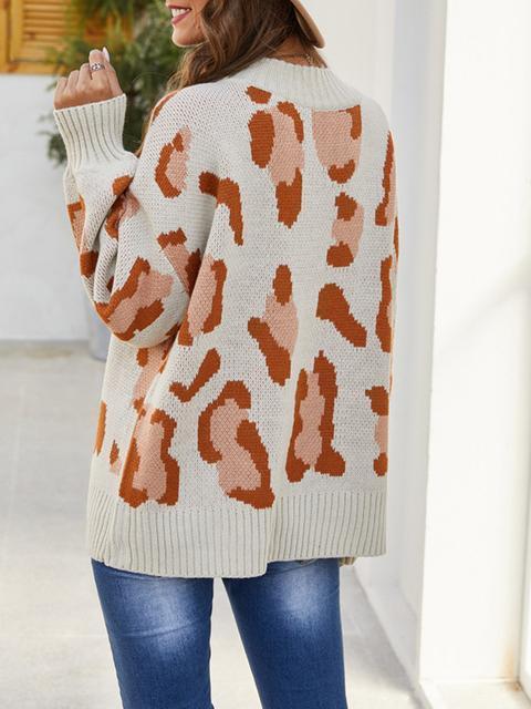 Leopard Pattern Long Sleeve Pullover Sweater-Pinkami