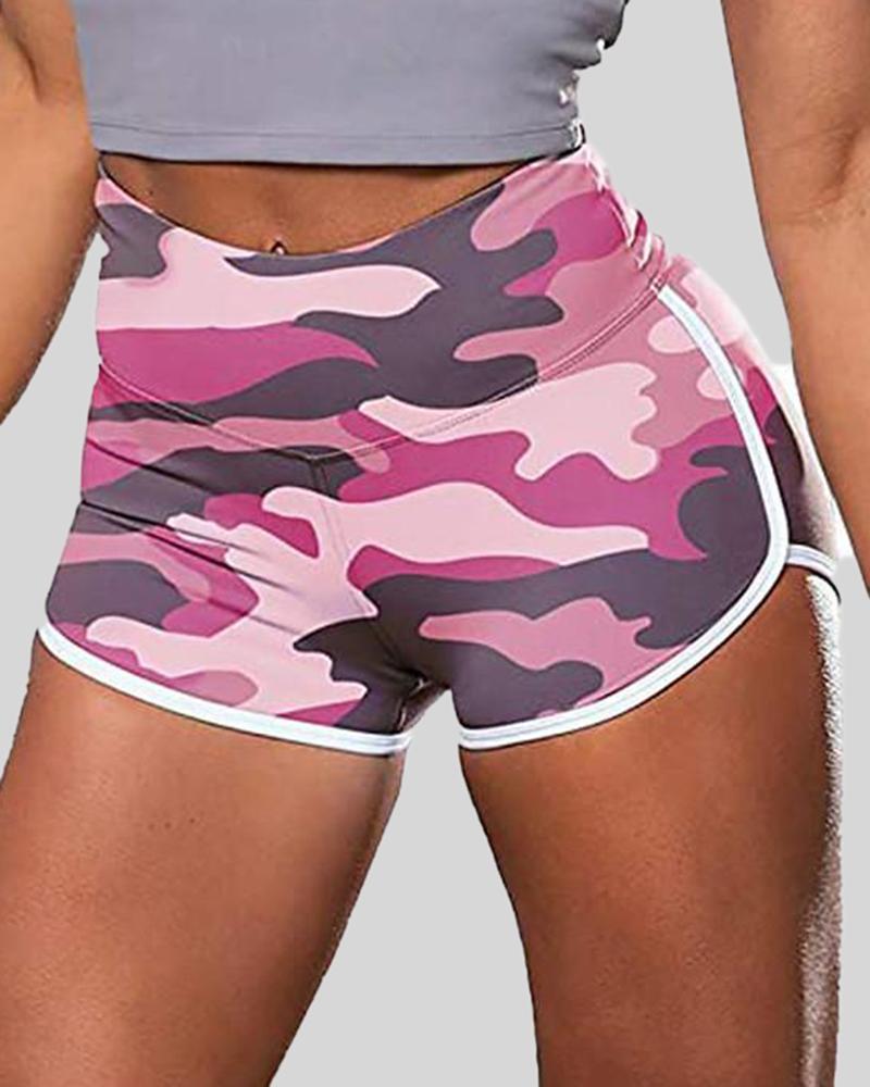 Allover Print Contrast Binding High Waist Sports Shorts-Pinkami