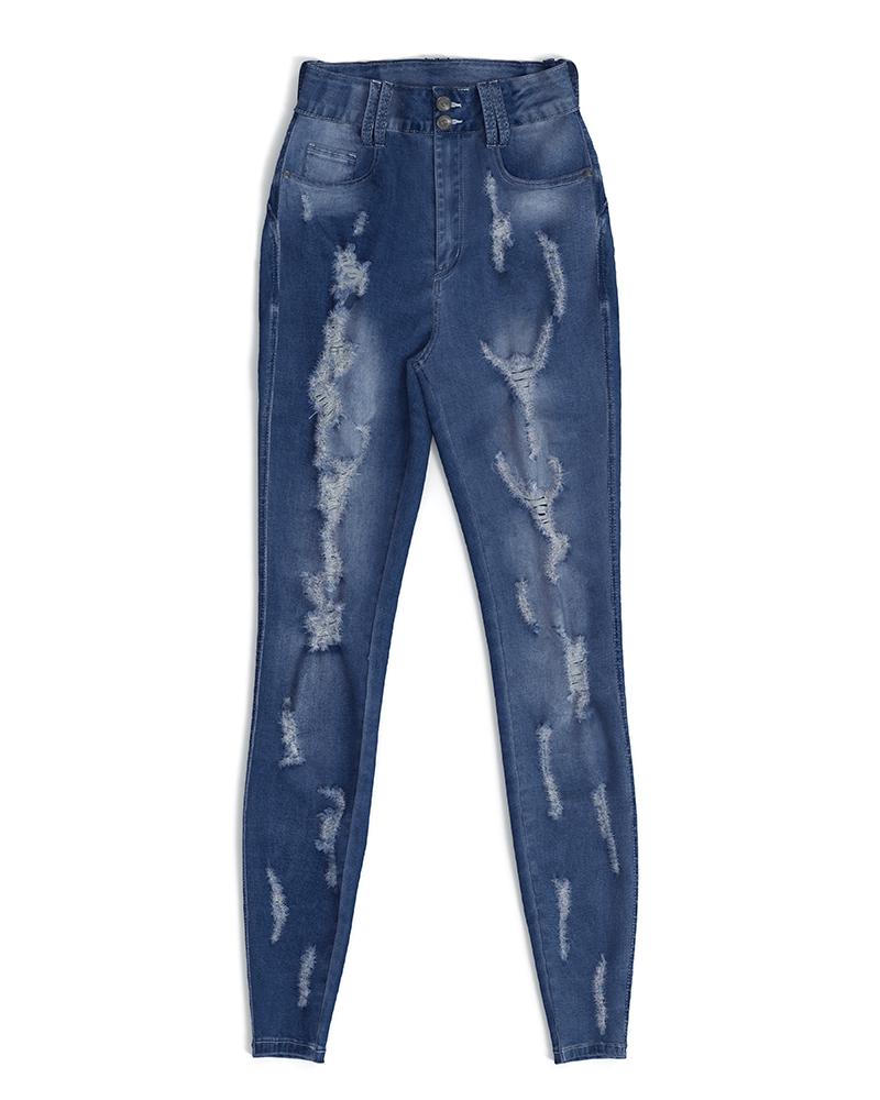 Women Extreme Distressed High Waist Skinny Jeans-Pinkami