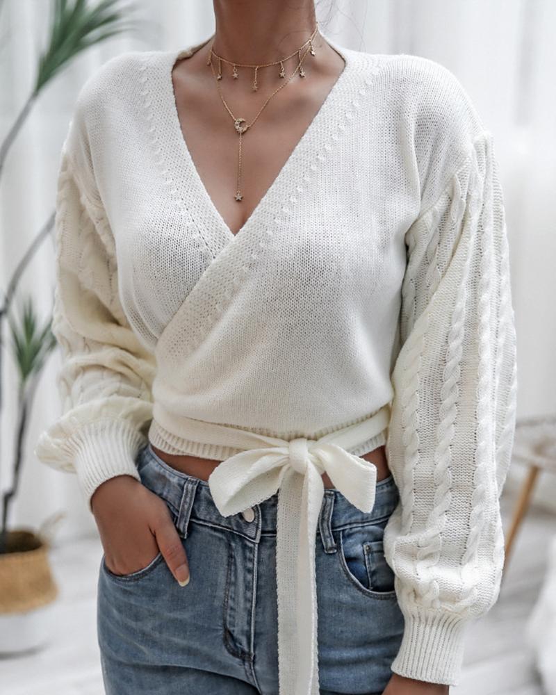 Cable Knit Overlap Self-Tie Sweater-Pinkami