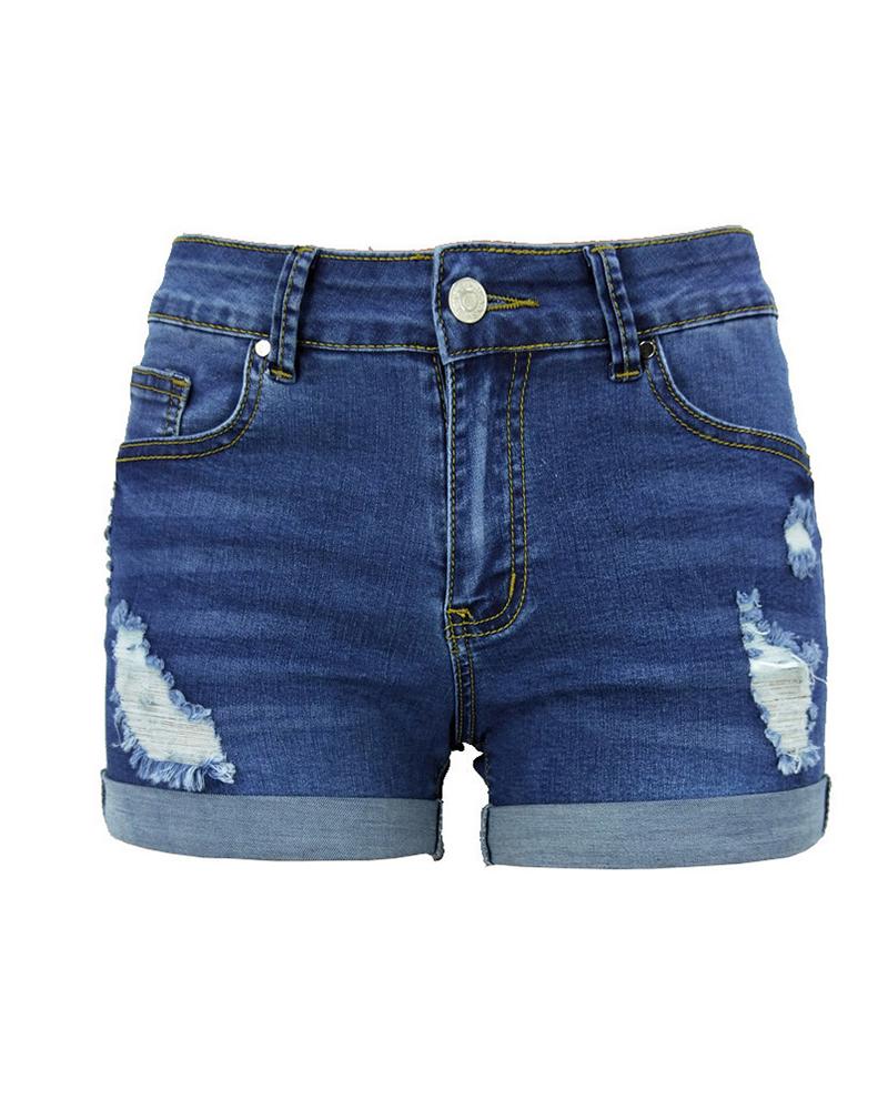 Women Low Waist Roll Up Hem Ripped Denim Shorts-Pinkami