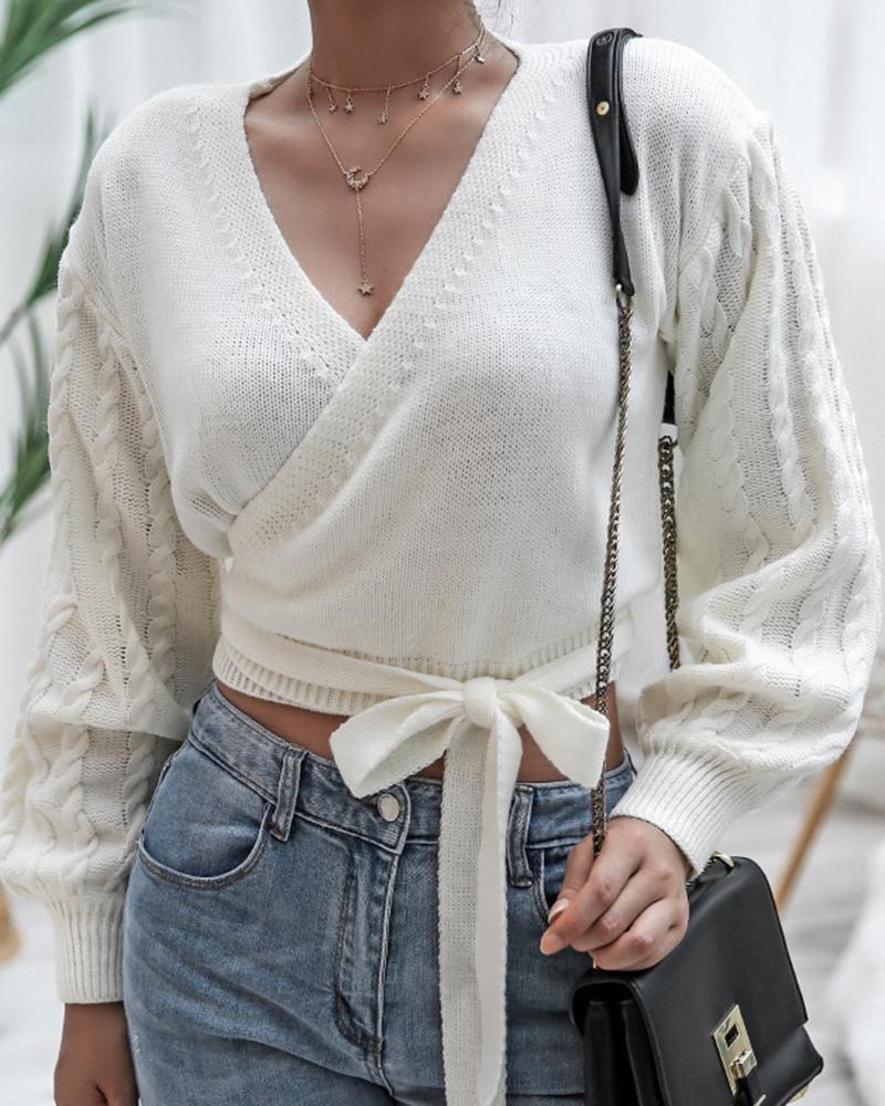 Cable Knit Overlap Self-Tie Sweater-Pinkami