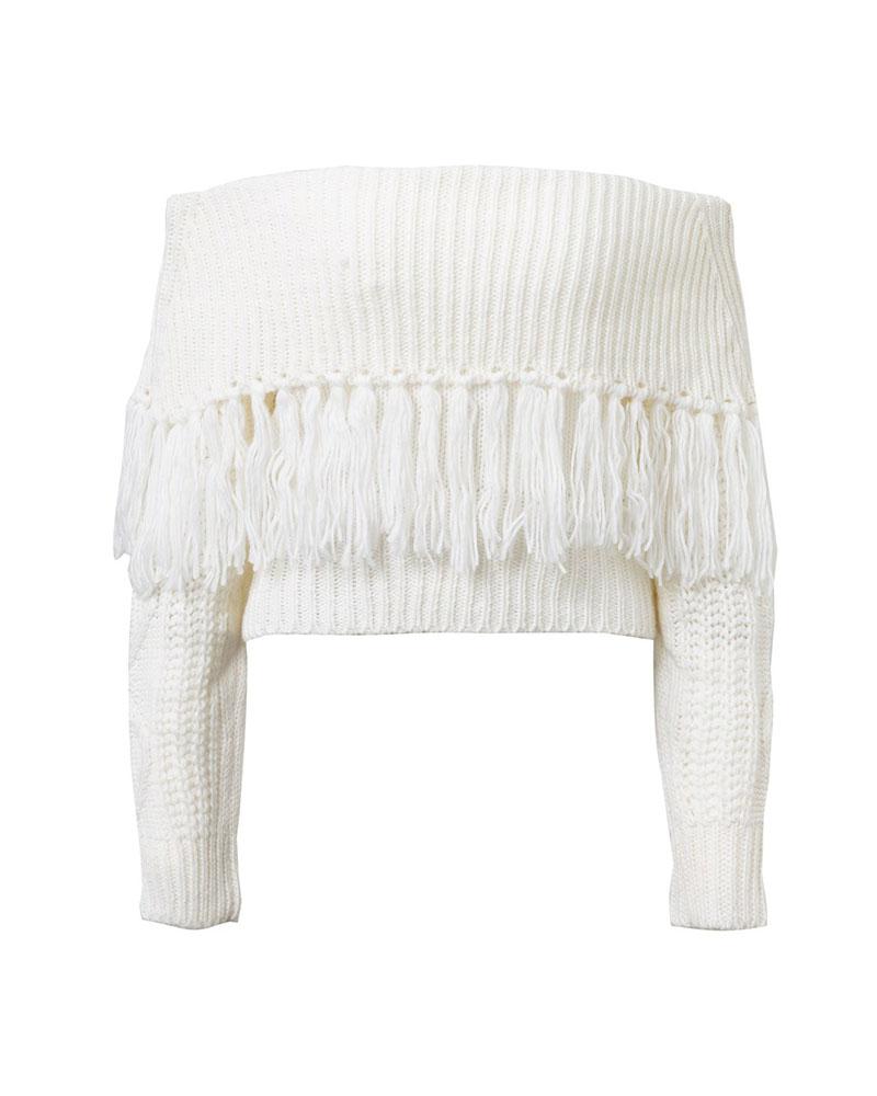 Off Shoulder Fringe Trim Mixed Knit Sweater-Pinkami