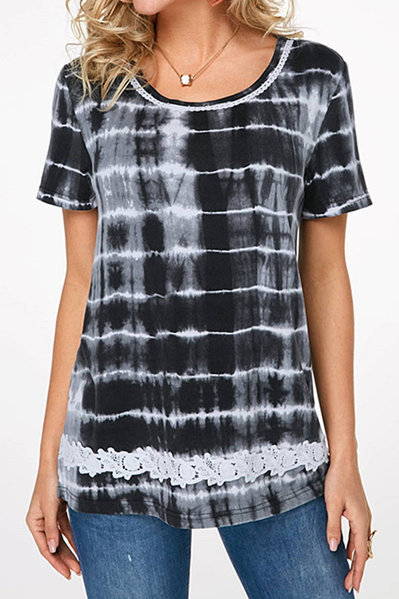 Ombre Lace Insert Round Neck T-Shirt-Pinkami