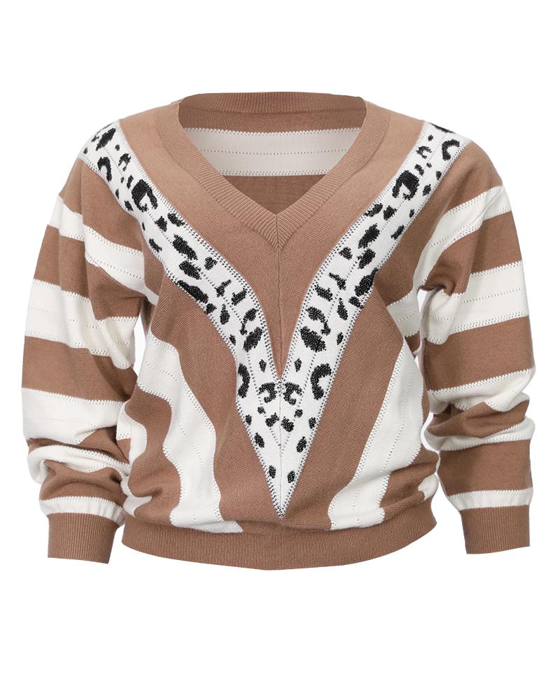 Leopard Print Drop Shoulder V Neck Sweater-Pinkami