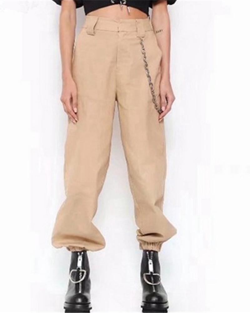 Solid Chain Decor Sports Pants For Women