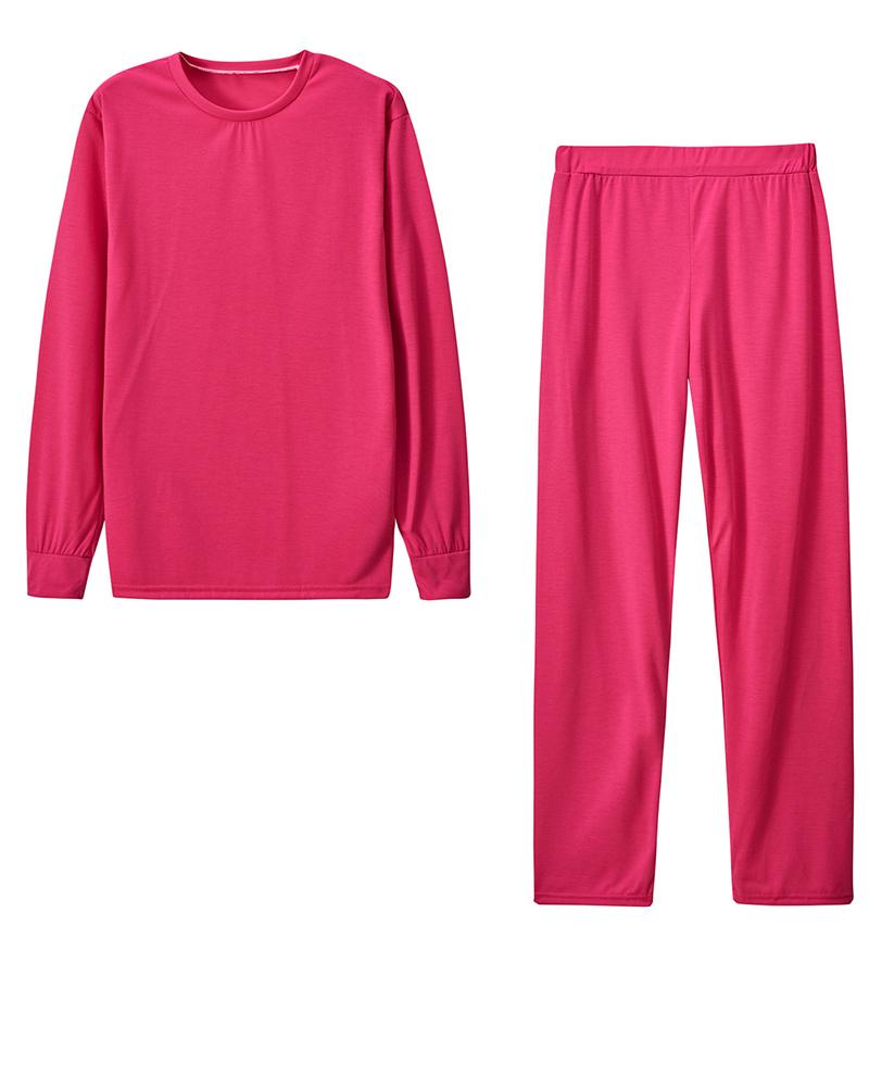 Solid Round Neck Tee & Pants Set-Pinkami