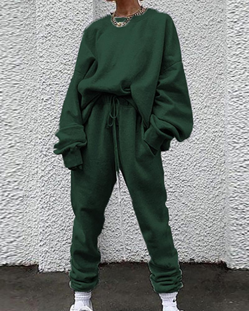 Solid Drawstring Waist Slant Pocket Elastic Hem Sweatshirt & Pants Set-Pinkami