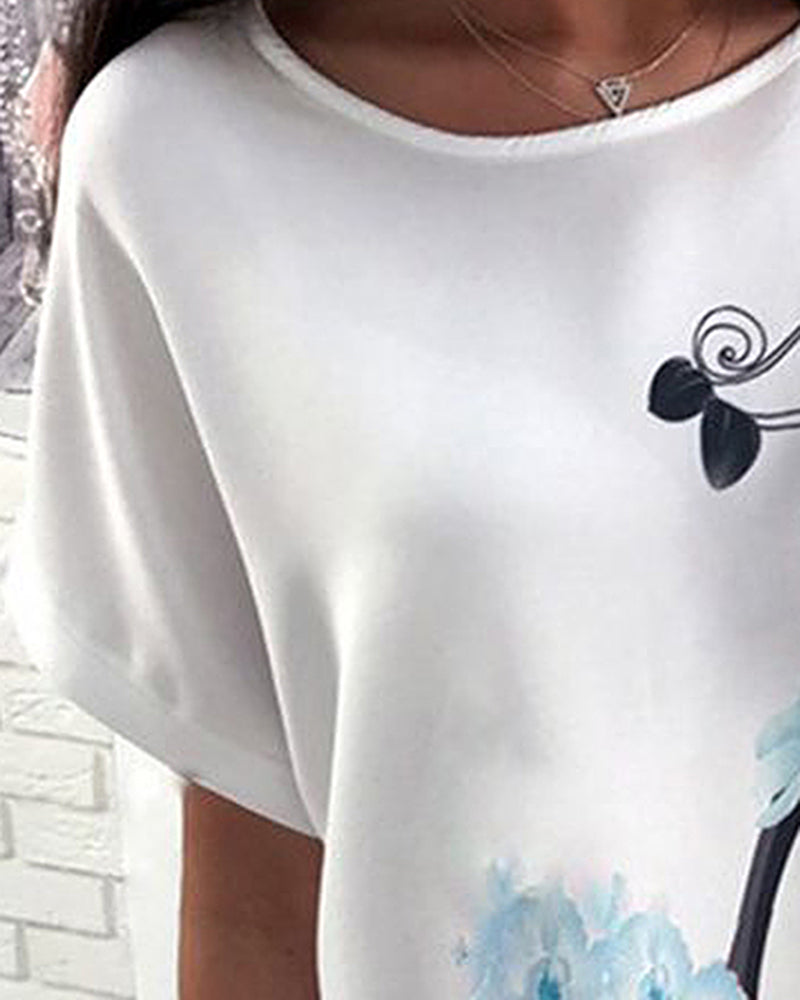 Floral & High Heel Print Drop Shoulder T-Shirt-Pinkami