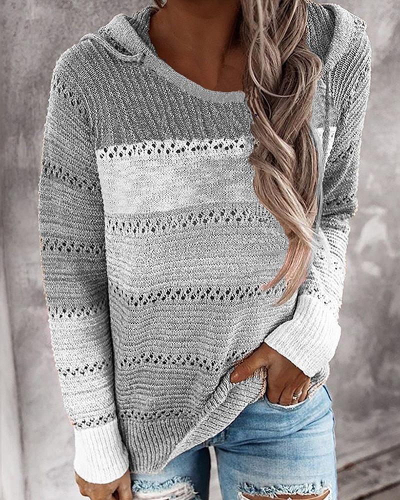 Colorblock Drawstring Pointelle Knit Hooded Sweater-Pinkami