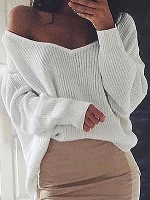 Loose V-neck Solid Color Knitted Sweater-Pinkami