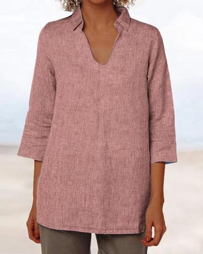 V Neck Collared Linen Top-Pinkami