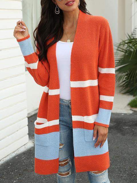 Stripe Stitching Contrast Sweater Cardigan-Pinkami