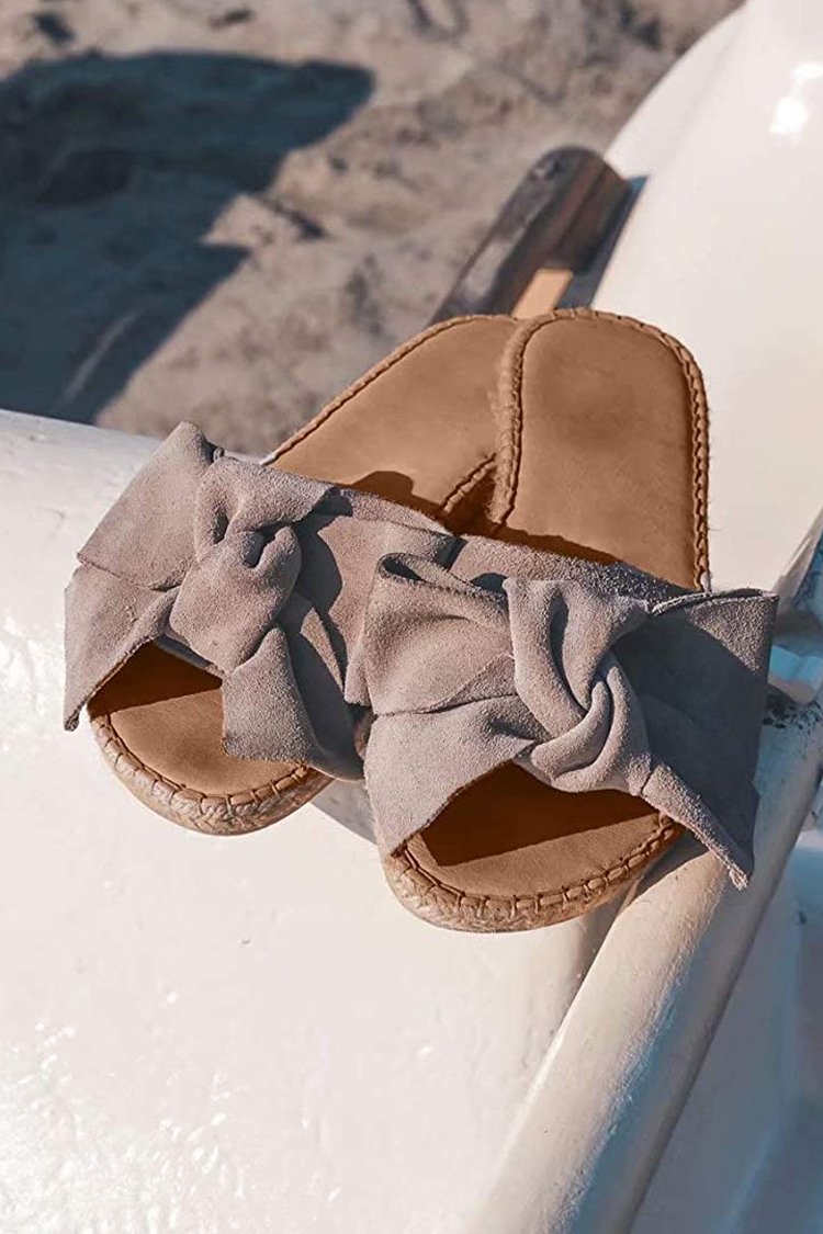 Suede Bowknot Flat Slide Sandals-Pinkami