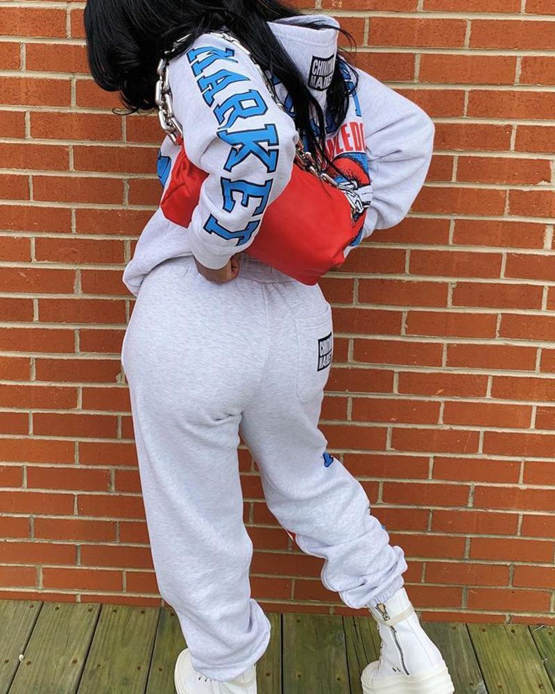 Letter & Graphic Print Hooded Top & Pants Set