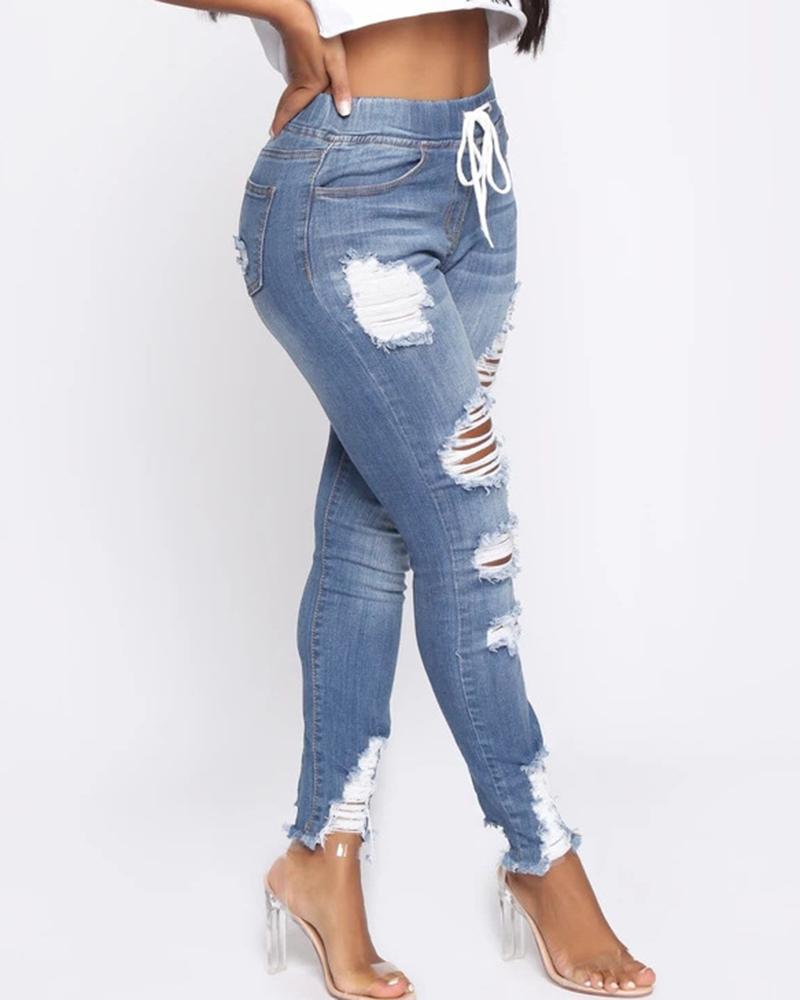 Women Ripped Distressed Drawstring Skinny Jeans-Pinkami