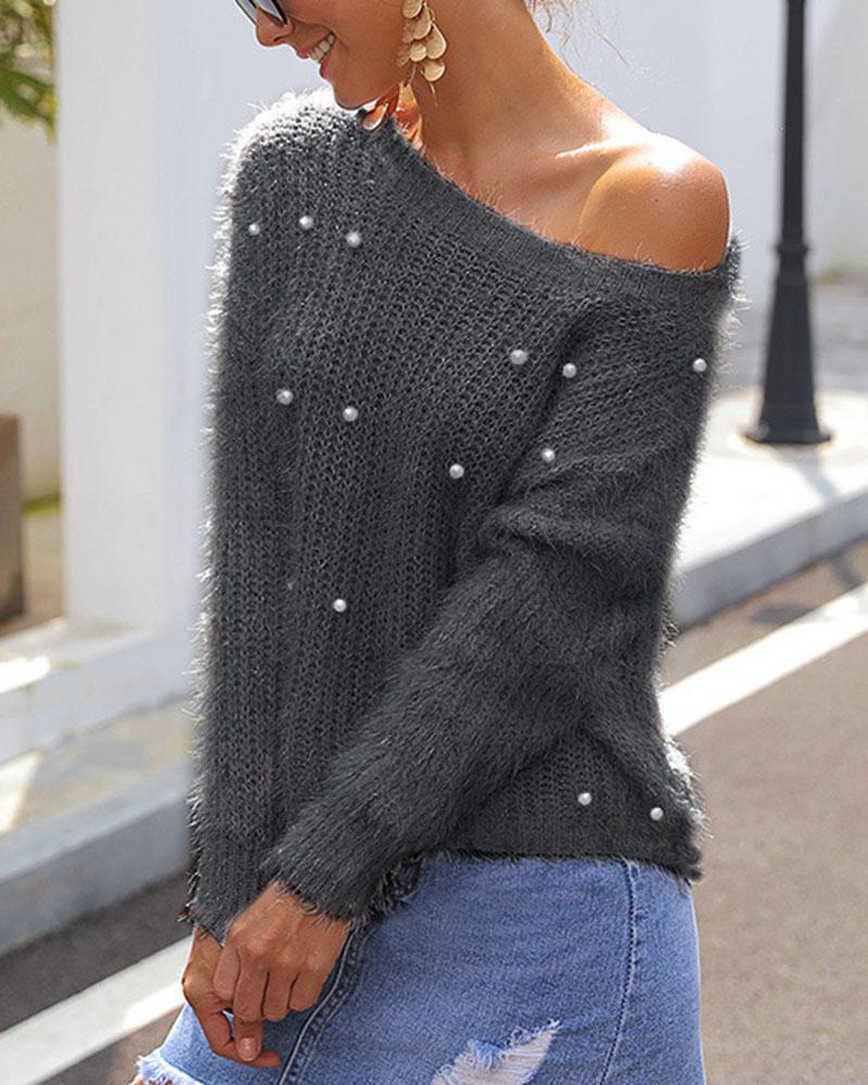 Beaded Trim Chunky Knit Sweater-Pinkami