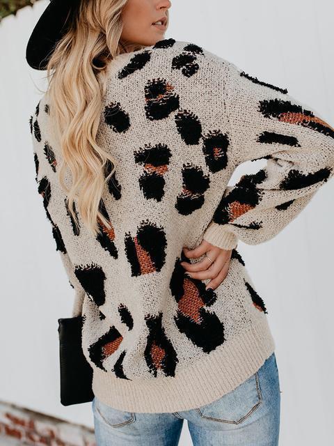 Leopard Knit Round Neck Sweater-Pinkami