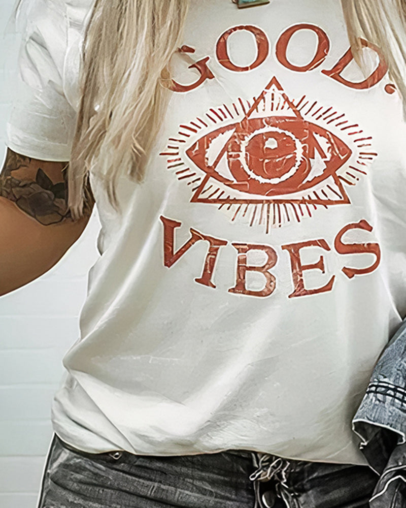 Letter & Eyes Graphic Round Neck T-Shirt-Pinkami