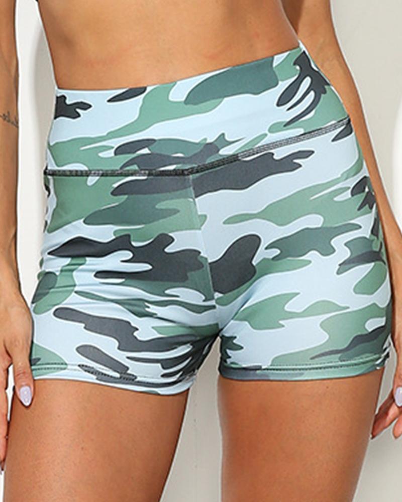 Camo Print Scrunch Butt Wide Waistband Sports Shorts-Pinkami