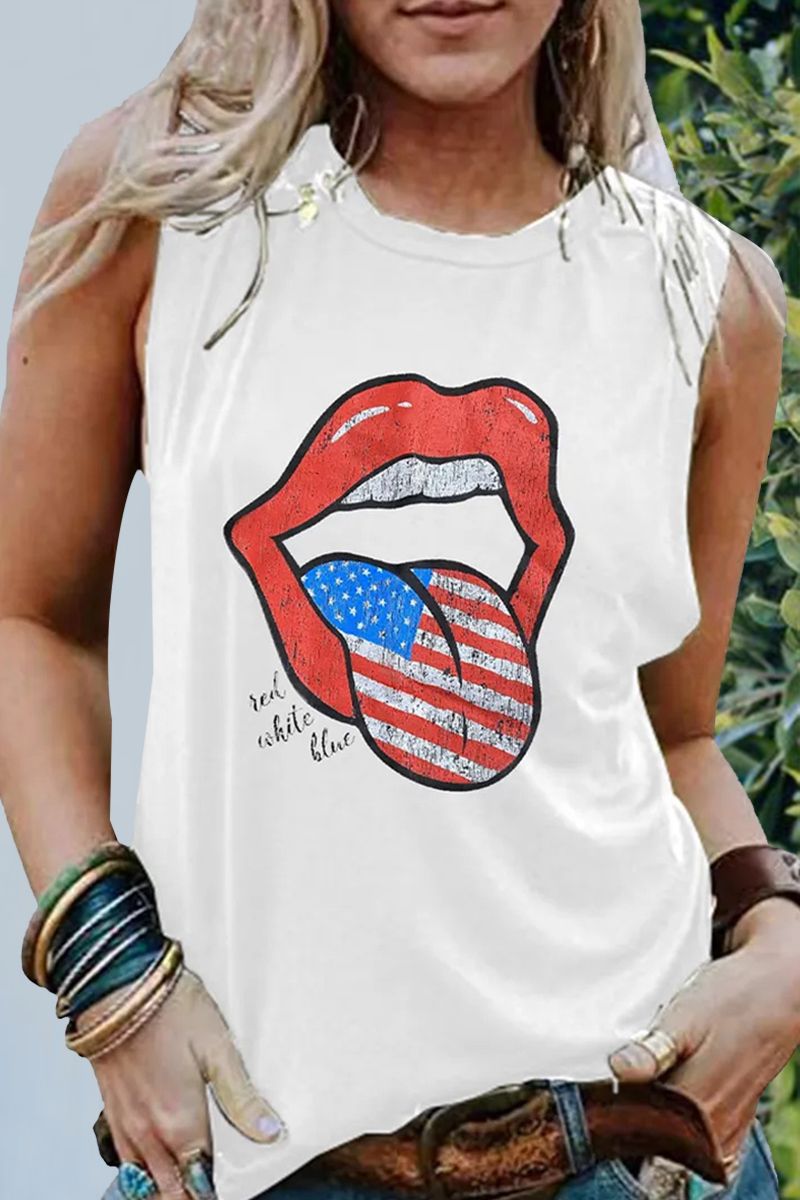 Lips & Flag Print Round Neck Tank Top-Pinkami