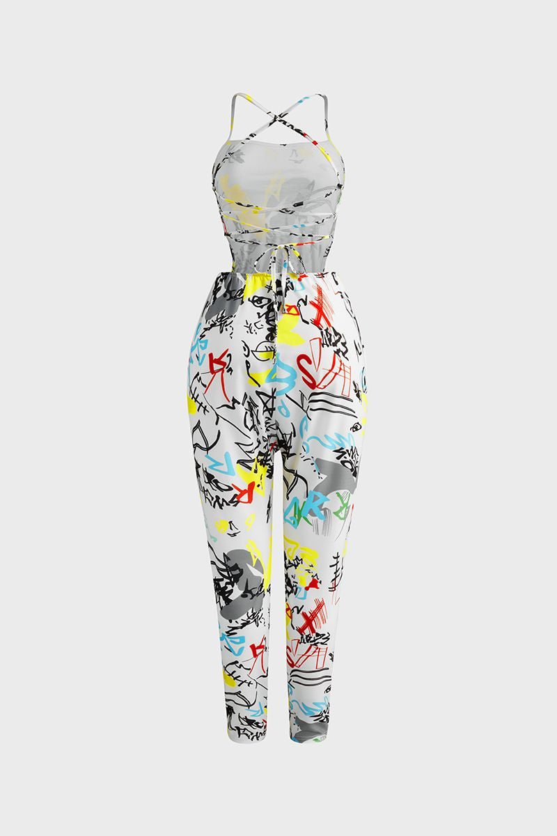 Graffiti Print Criss Cross Backless Cami Jumpsuit