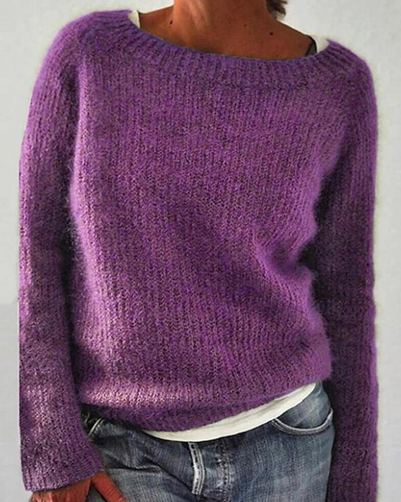 Solid Ribbed Round Neck Sweater-Pinkami