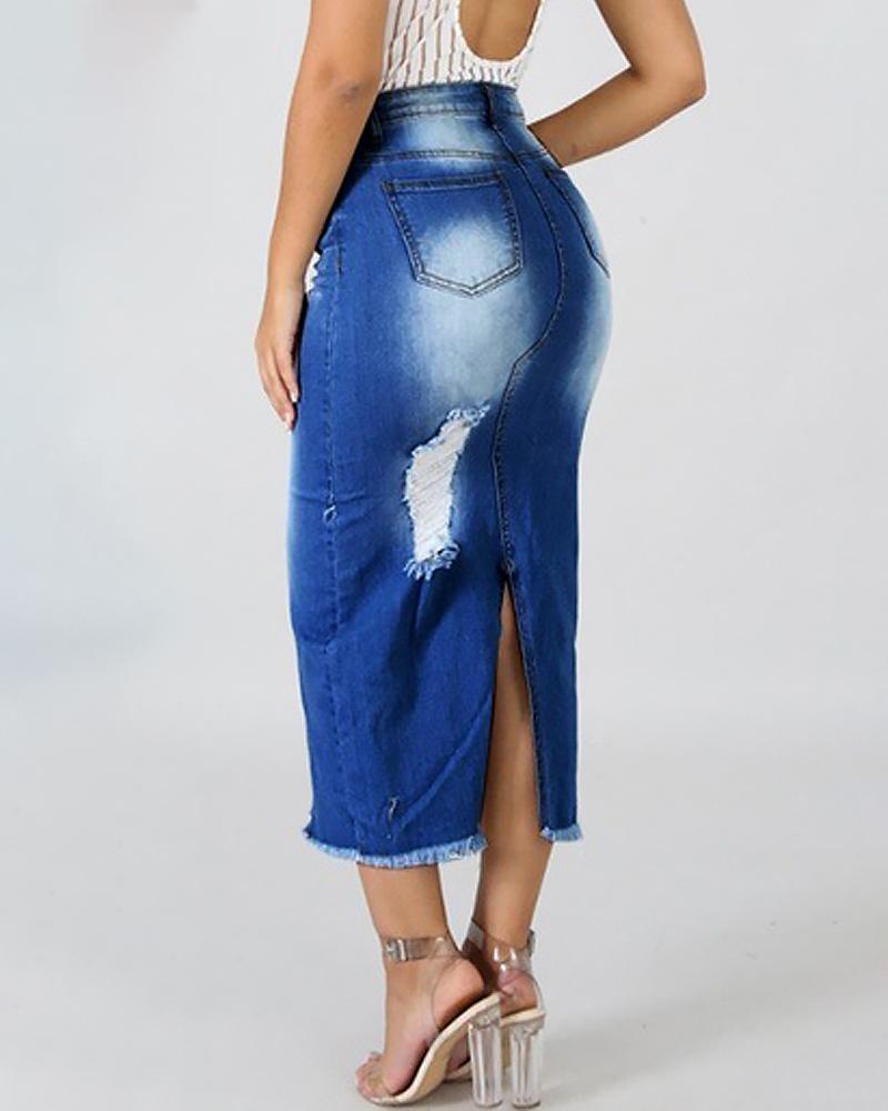 Women Split Side Raw Hem High Waist Denim Skirt-Pinkami