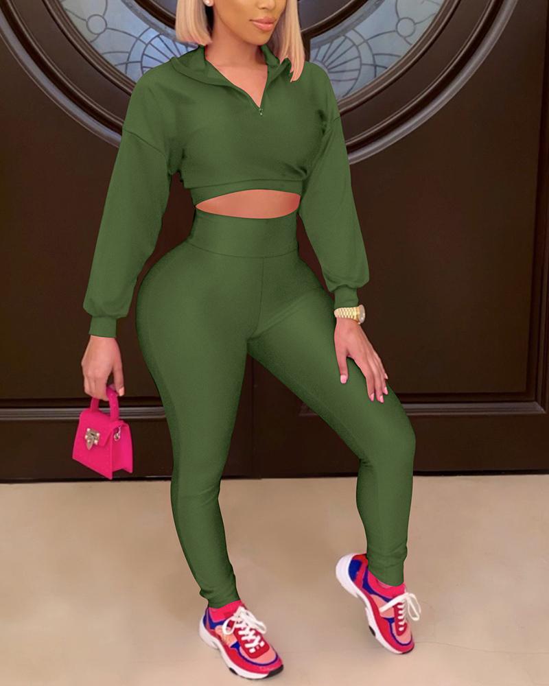 Solid Zip Front Crop Top & Skinny Pants Set