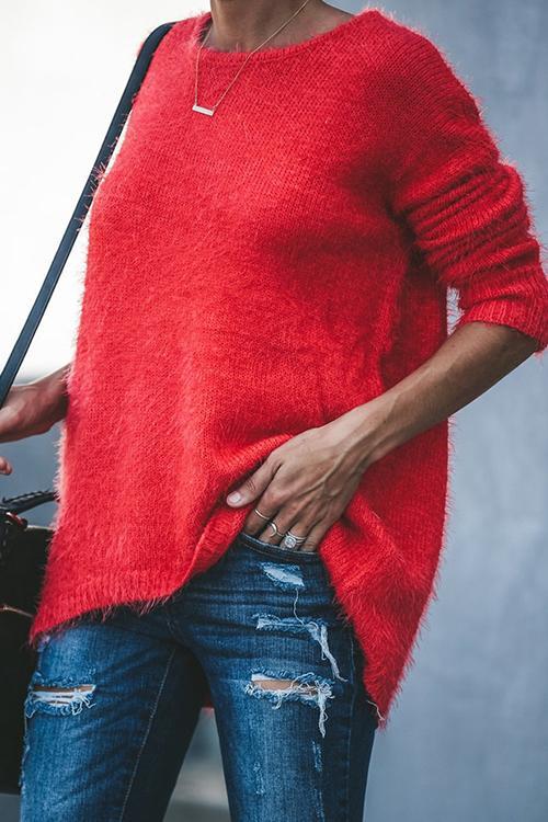 Round Neck Long Sleeve Loose Sweater-Pinkami