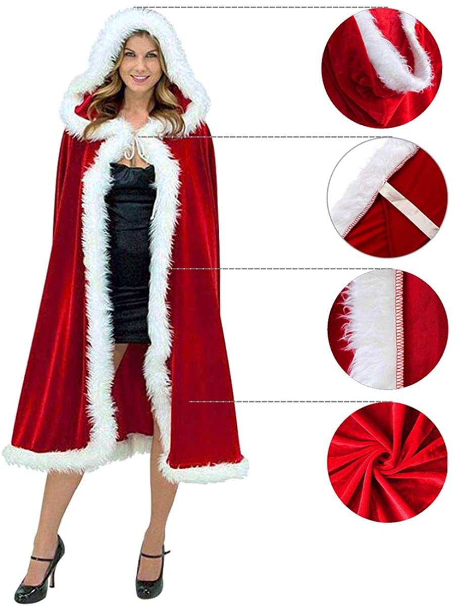Red Classic Ladies Hooded Cloak Christmas Santa Costume-Pinkami