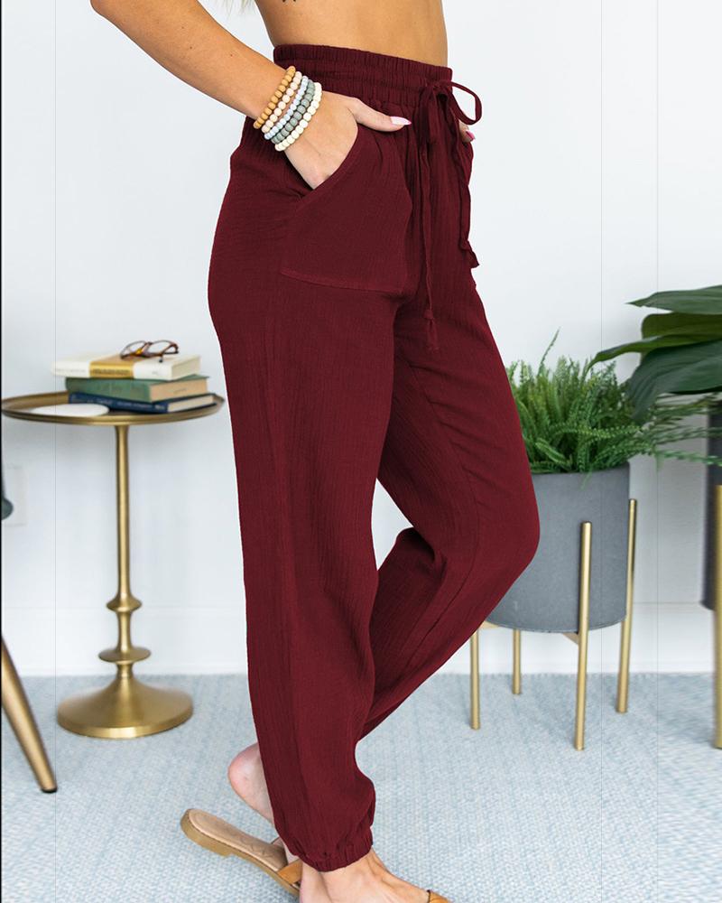 Solid Slant Pocket Drawstring Waist Joggers For Women-Pinkami